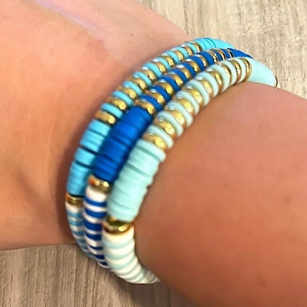 NEW Set of 3 Handmade Polymer Clay Heishi Stack Bracelets with Gold Discs